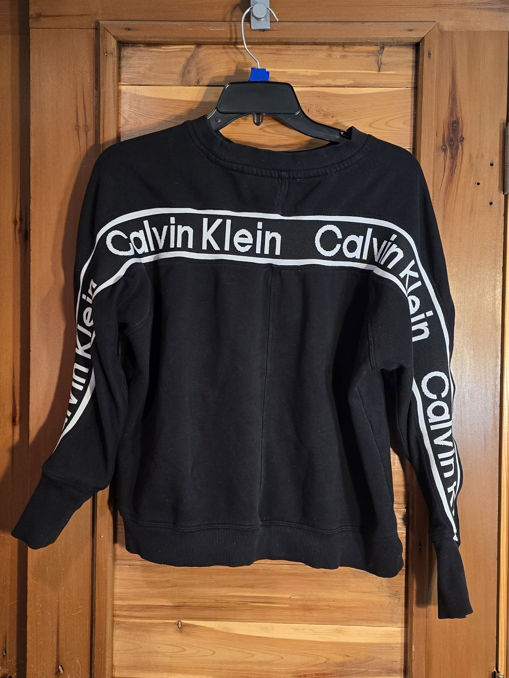 Calvin Klein Black Cropped Sweatshirt with White Logo Tape On Back